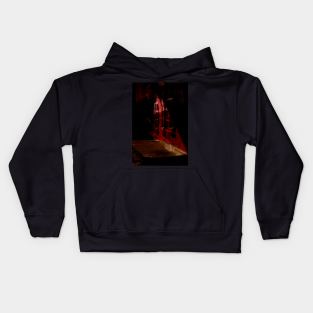 Special processing. Person walking at night, on dark street, with stone walls. Red. Kids Hoodie
